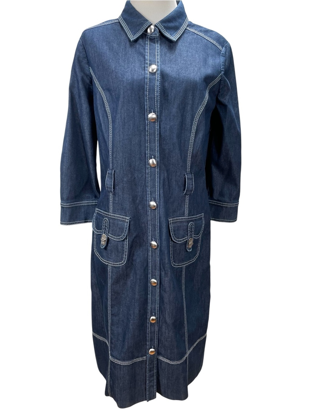 St. John Stretch Denim Button Front Dress Size M Womens Shirt Vintage Sheath